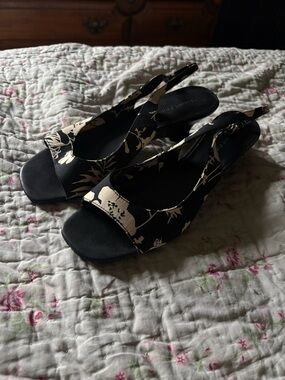 Black and Cream Floral Slingback Heels - Women